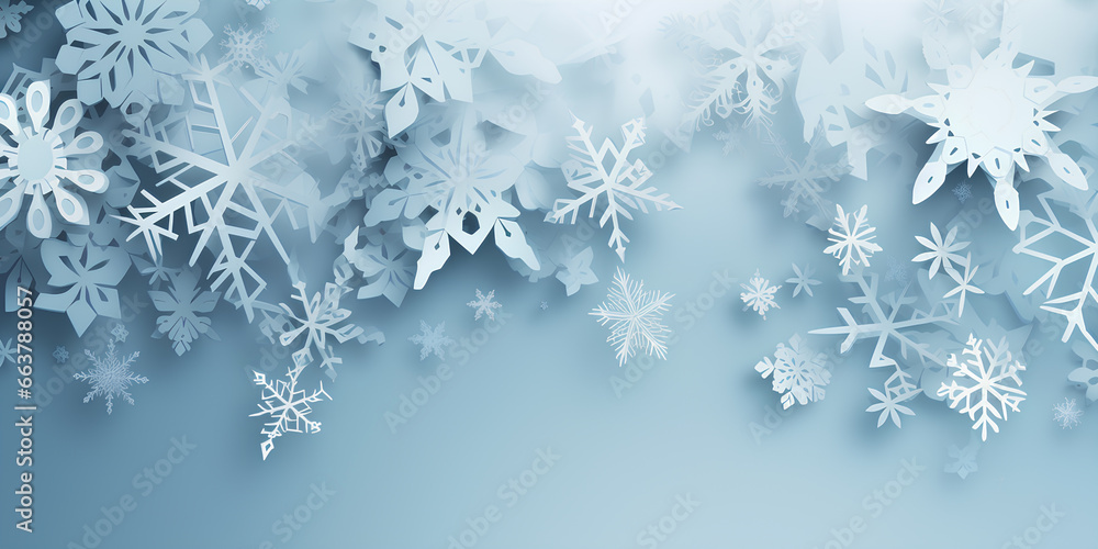 Winter background composition with snowflakes in paper cut style. - obrazy, fototapety, plakaty 