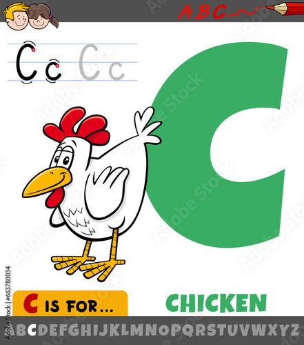 letter C from alphabet with cartoon chicken bird
