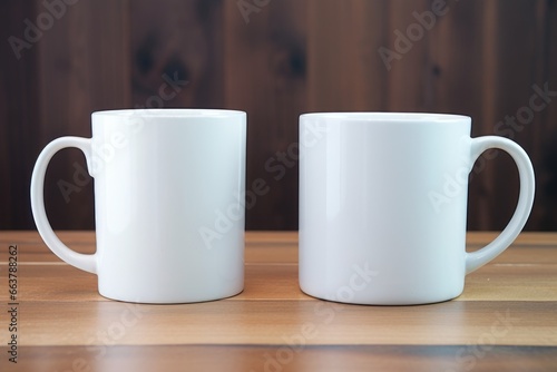 two similar mugs holding coffee, facing each other