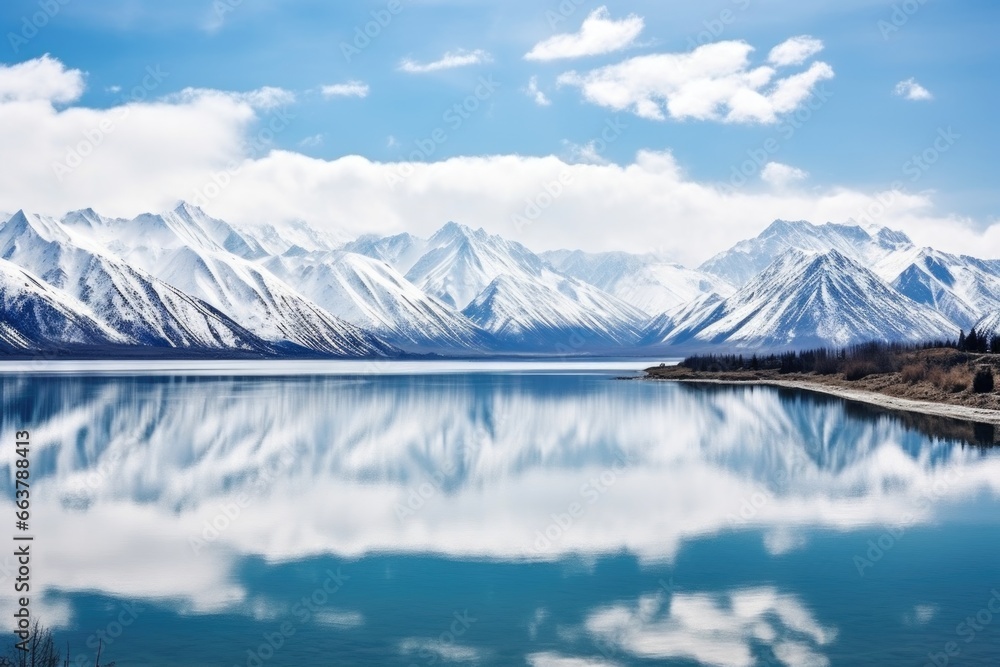 a serene lake surrounded by towering, snow-capped mountains