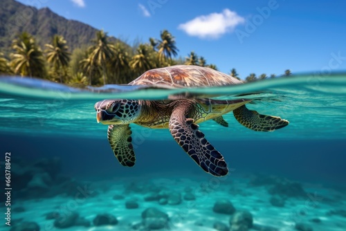 a turtle swimming under clear ocean water