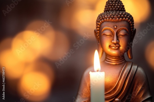 close up of a meditating buddha statue with soft candlelight in background