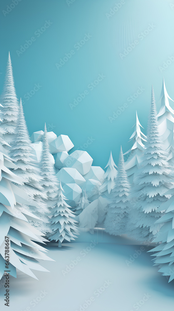 Winter background with fir-trees, paper cut style.
