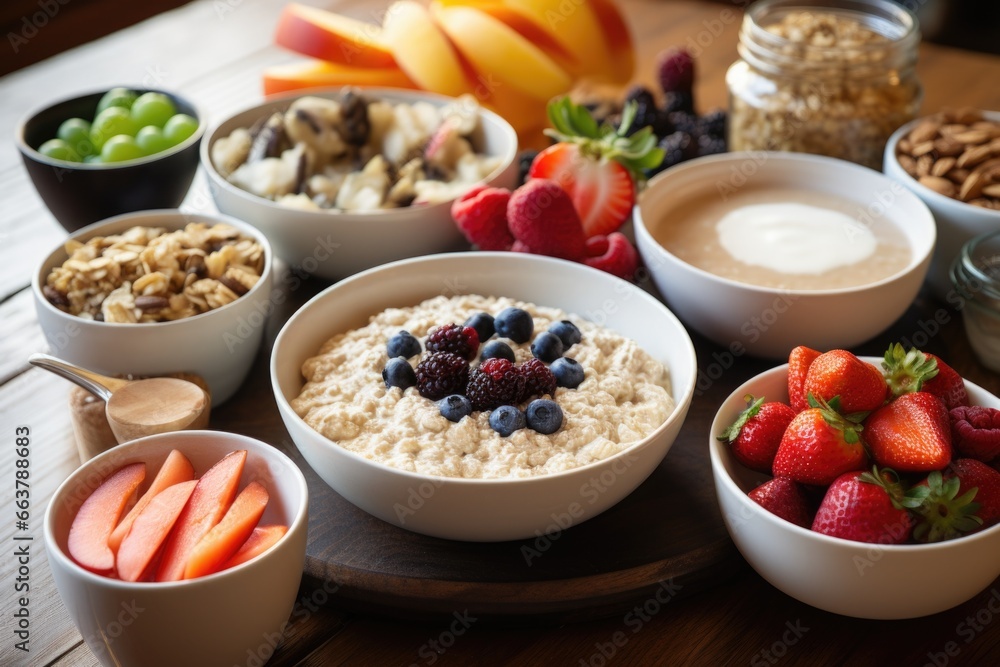 a table spread of gut-friendly breakfast items like oats and fruits a table spread of gut-friendly breakfast items like oats and fruits