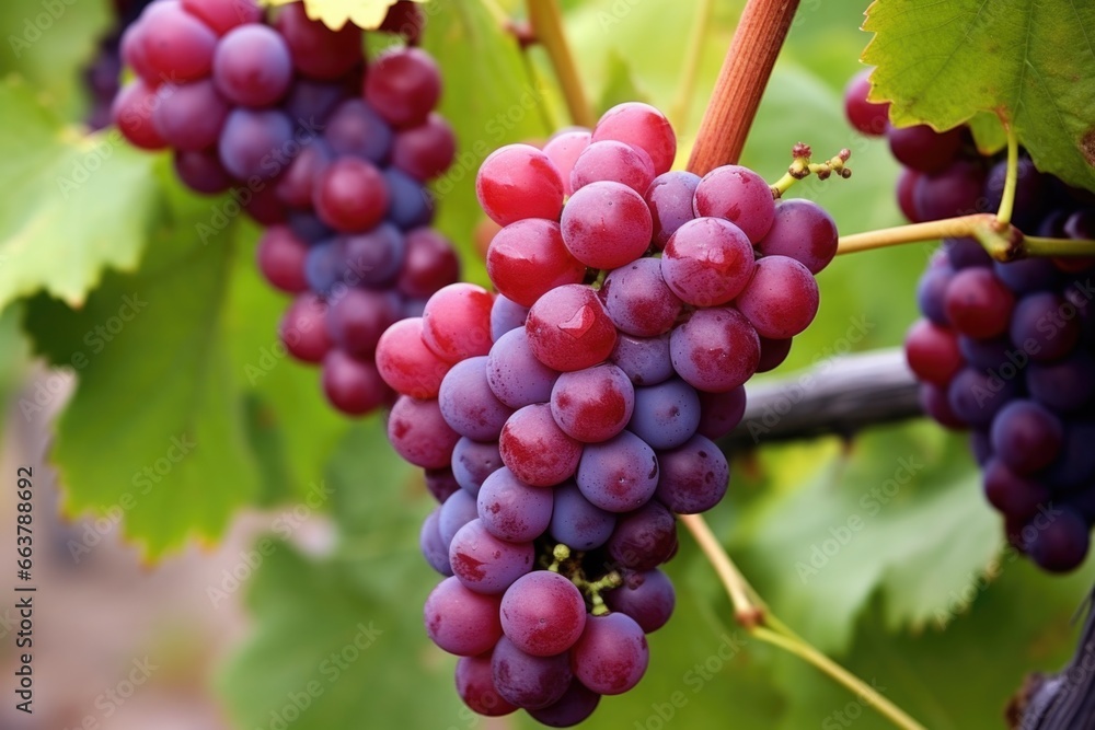 close-up of ripe, red grapes on the vine