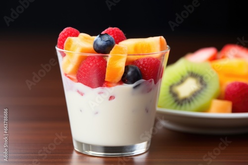 close-up shot of a yogurt cup with a fruit blend