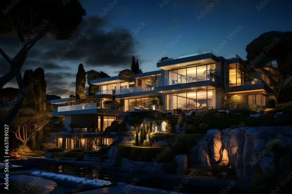 A beautiful evening view of a villa. Generative AI