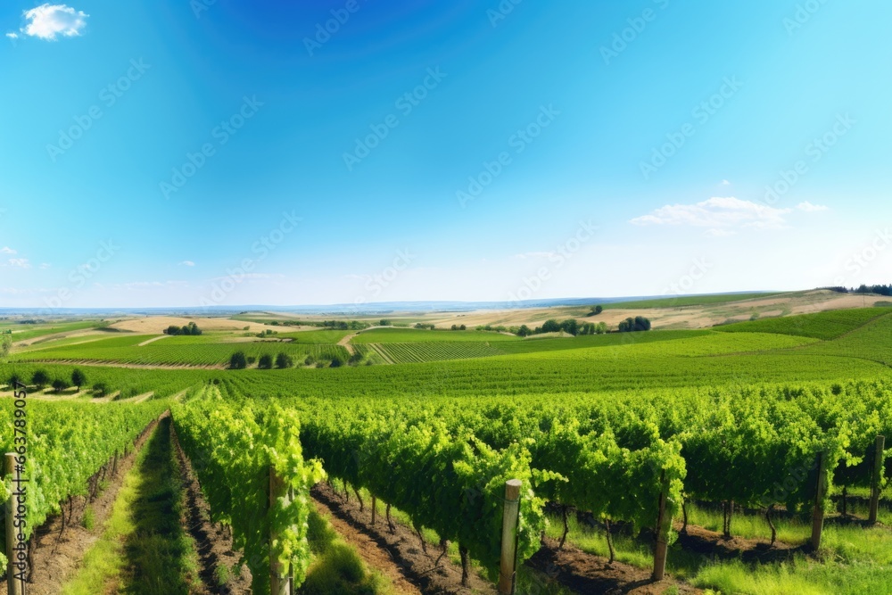 panorama of a green vineyard under a clear sky