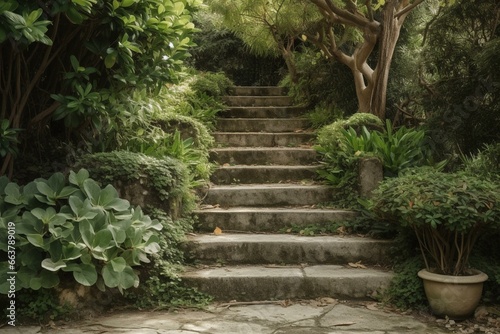 Stone staircase surrounded by green plants  ideal for garden design or landscaping. Generative AI