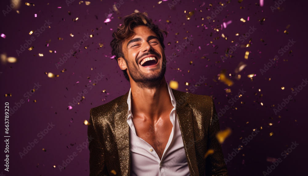 happy smiling portrait of a handsome man on purple background, celebration with golden confetti happy smiling portrait of a handsome man on purple background, celebration with golden confetti