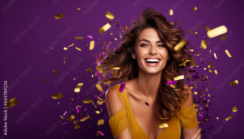 happy smiling portrait of a woman on purple background, celebration with golden confetti happy smiling portrait of a woman on purple background, celebration with golden confetti
