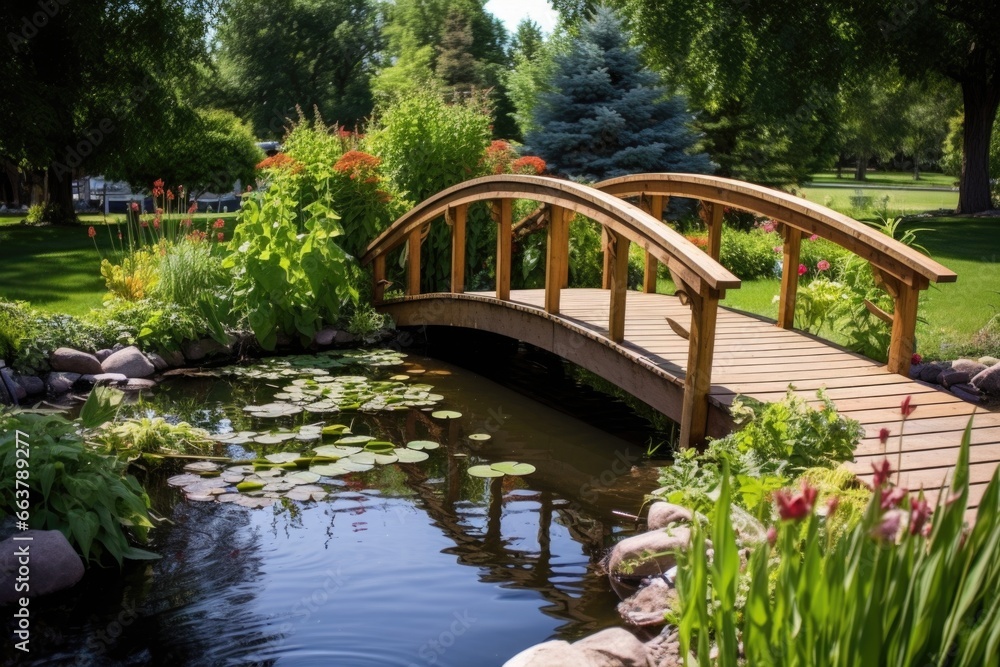 a wooden footbridge crossing over a backyard koi pond a wooden footbridge crossing over a backyard koi pond