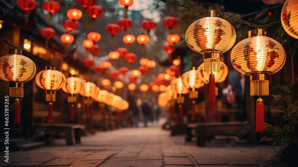 Fototapeta premium Chinese New Year hanging lanterns. Celebration of Lunar New Year Festival.