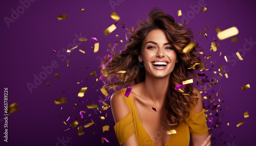 happy smiling portrait of a woman on purple background, celebration with golden confetti