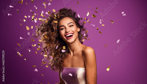 happy smiling portrait of a woman on purple background, celebration with golden confetti