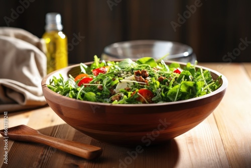 a fresh salad bowl with a fork on a wooden table
