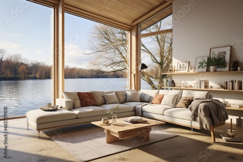 The home interior design of modern living room near the lake