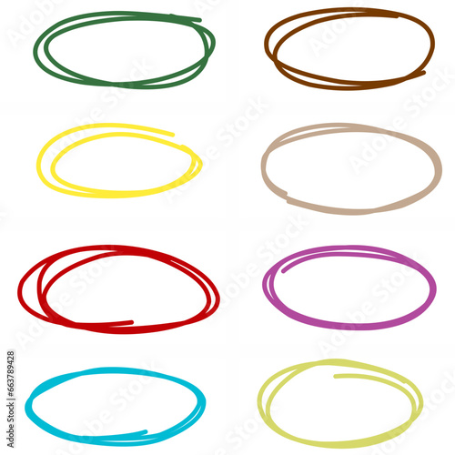 Series of red, yellow, blue, brown, green highlight pen circle, hand draw circles set in various colors.