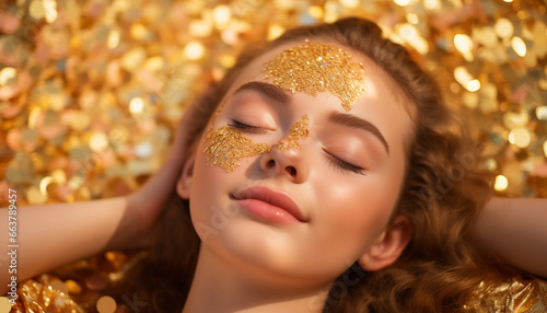 portrait of a beautiful enjoying young woman with closed eyes, golden confetti and perfect skin photo