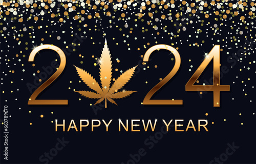 Happy New Year 2024. Greeting Card. New Year Shining background with marijuana leaf. Vector illustration.
