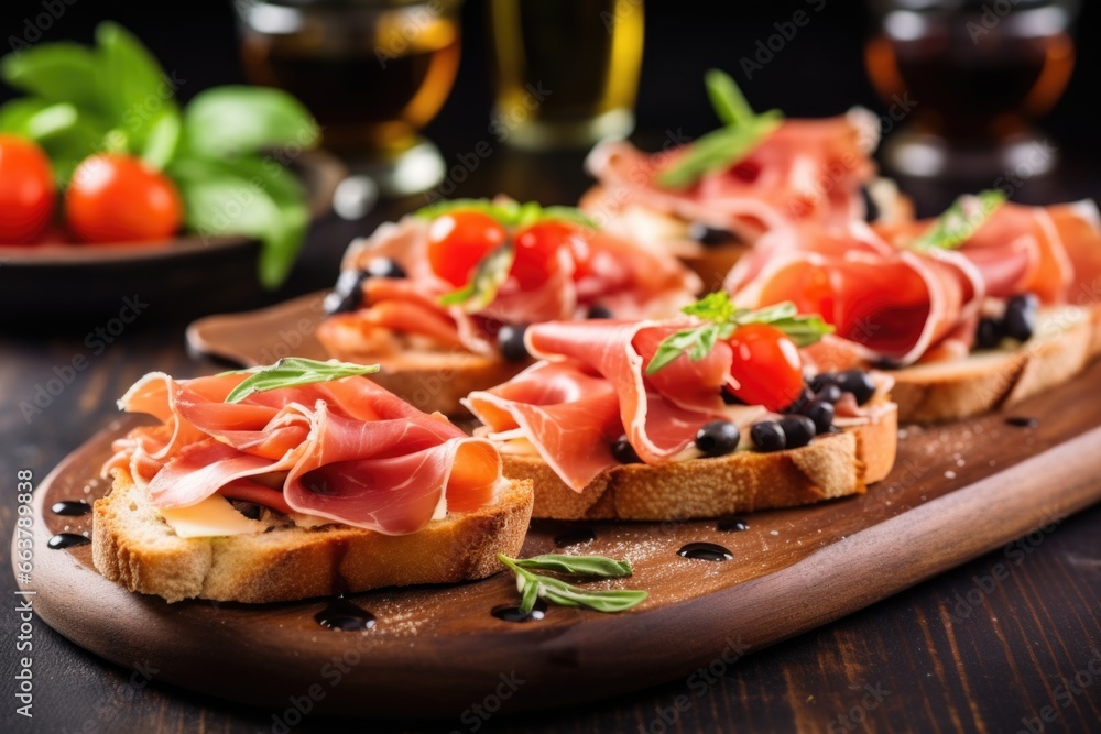 bruschetta with serrano ham, cherry tomatoes, and black olives