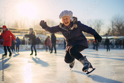 happy smiling old woman skating in the ice rink photo