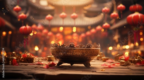 Chinese New Year traditional composition with red lanterns and golden decoration. Lunar New Year.