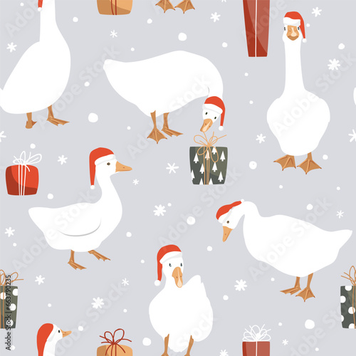 Geese in Santa Claus helper hats seamless pattern. Cartoon goose and gift boxes. Background for Christmas wrapping paper, wallpaper, clothes print and fabrics. Vector illustration
