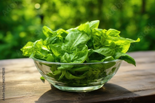 a clear glass bowl of green leafy veggies known for hormonal health