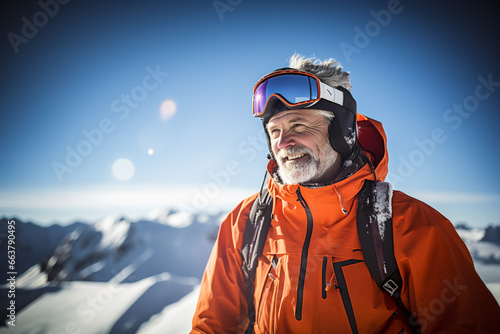 happy smiling old man with beard in the mountains