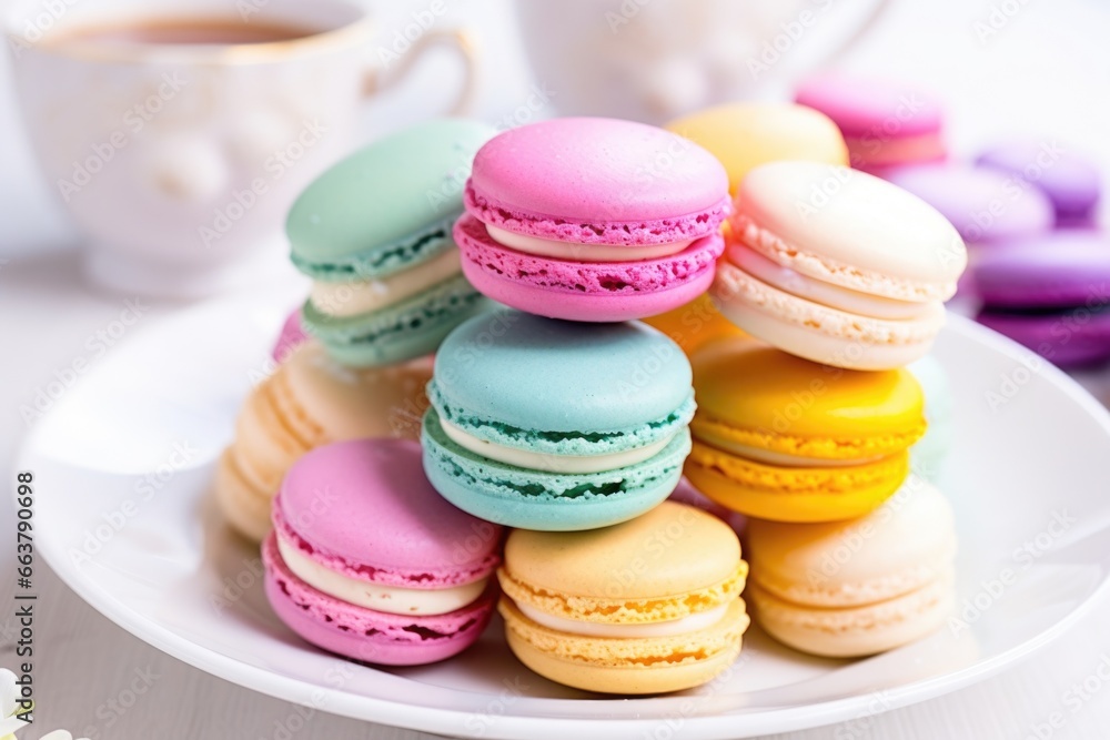 surreal colored macarons stacked on a clear white plate surreal colored macarons stacked on a clear white plate