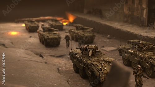 squad on a special operation, soldiers and tanks on the streets of the city, 3d render
