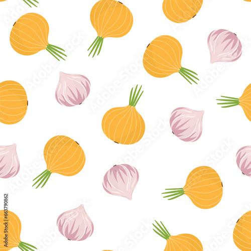 Vegetables seamless pattern in cartoon style. Onion and garlic background. Fresh food print for fabric and textile. Vector illustration
