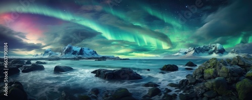beautiful polar lights in cold mountain winter landscape