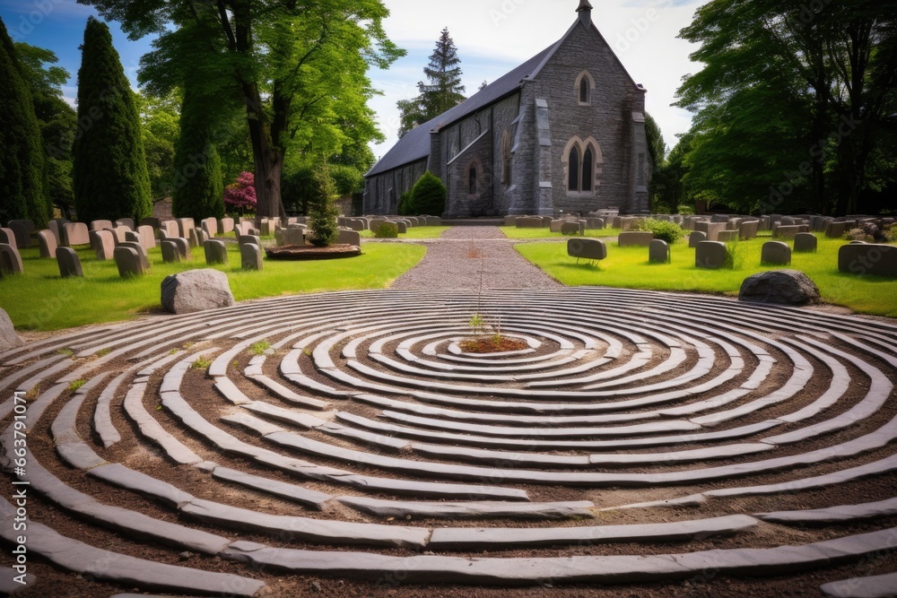 a labyrinth path outside a church for meditation