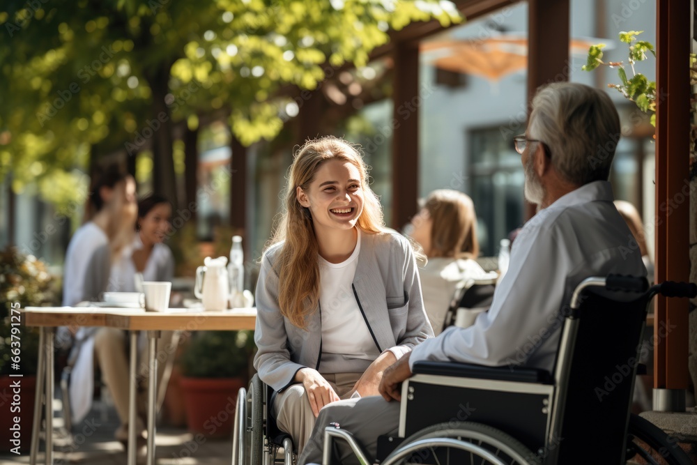 Young female nurse outside with a senior patient in a wheelchair Young female nurse outside with a senior patient in a wheelchair