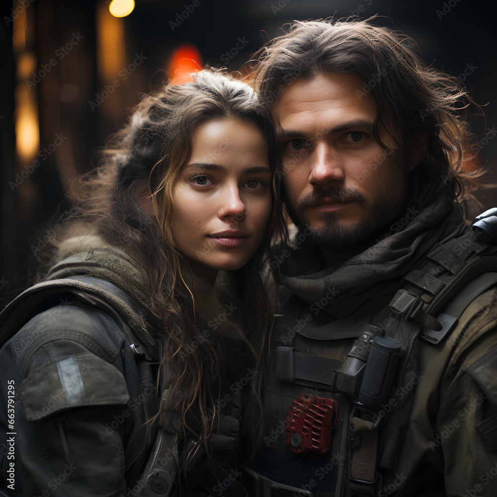 Couple of female soldier and long-haired mechanic, realistic, cinematic Couple of female soldier and long-haired mechanic, realistic, cinematic