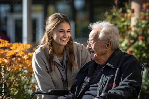 Young female nurse outside with a senior patient in a wheelchair