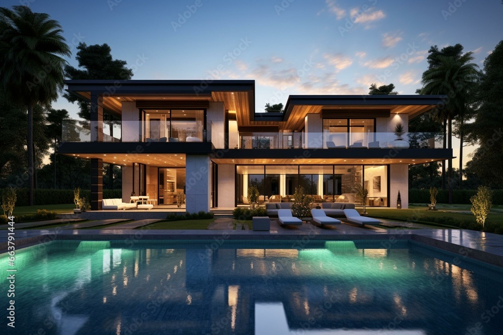 A modern residence with a sleek design and a spacious layout. Generative AI