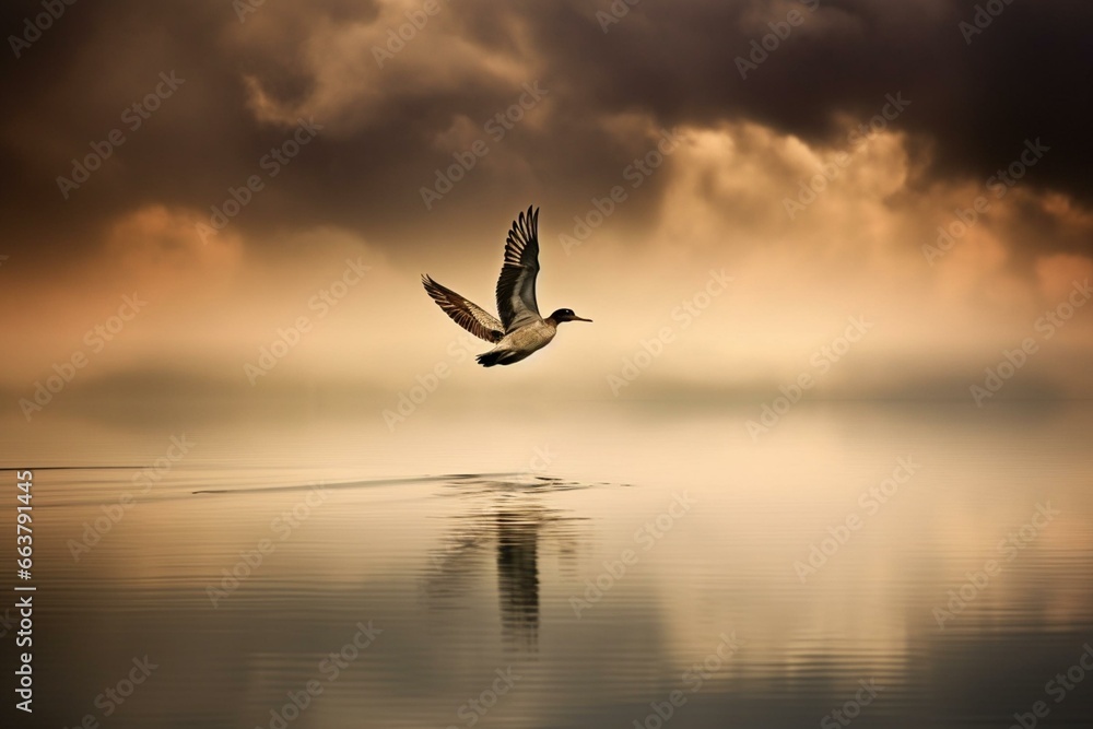 Fototapeta premium A bird in flight above water under clouds. Generative AI