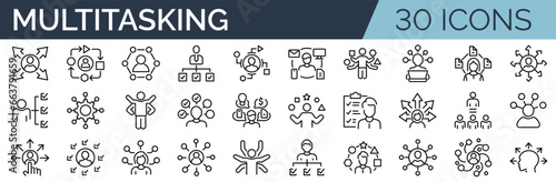Set of 30 outline icons related to multitasking. Linear icon collection. Editable stroke. Vector illustration