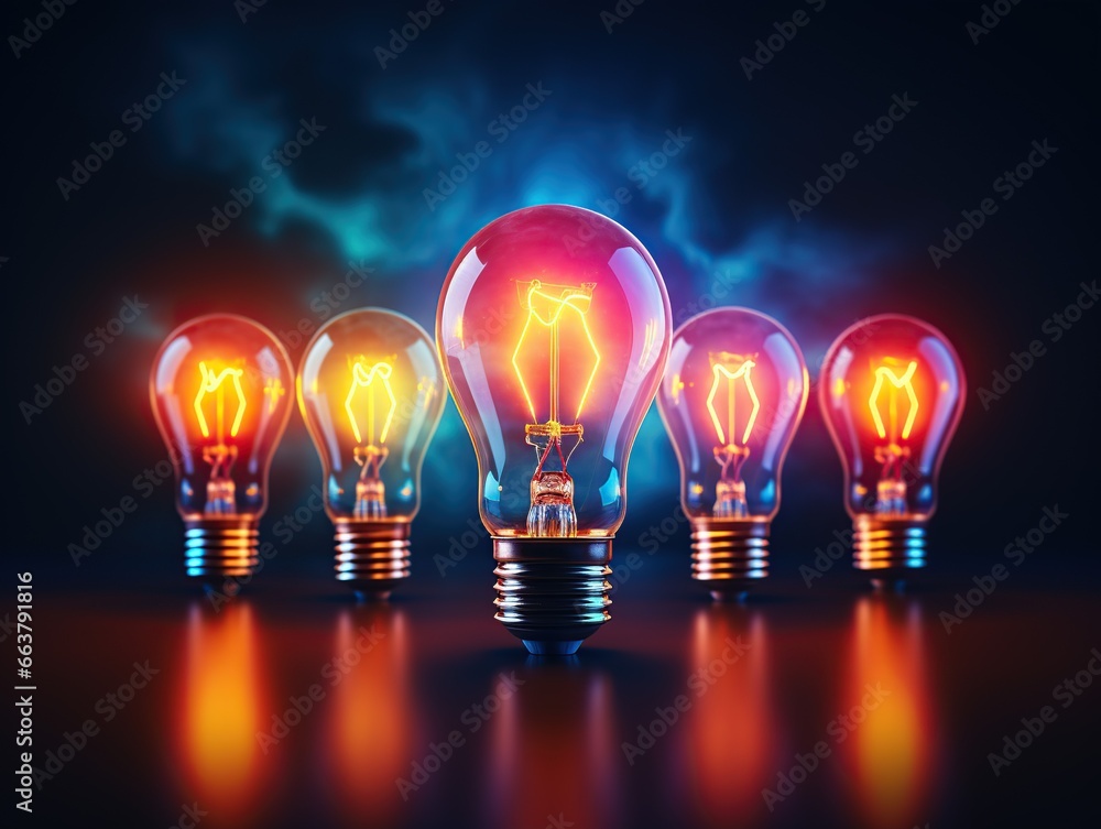 Idea concept with row of light bulbs and glowing bulb, Bright color, Generative AI Idea concept with row of light bulbs and glowing bulb, Bright color, Generative AI