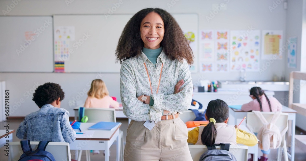 Teacher woman, arms crossed and smile in class with school kids, pride or happy for education career. Academy, classroom and learning expert for children, face or portrait with development for future - obrazy, fototapety, plakaty 
