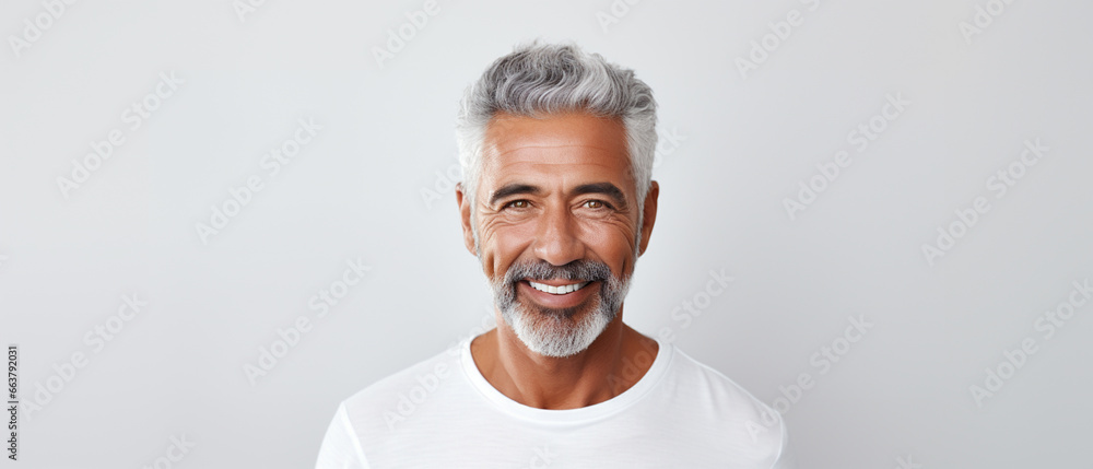Portrait of a happy smiling beautiful aging mature man with smooth healthy face skin and gray hair on white background with empty copy space - obrazy, fototapety, plakaty 