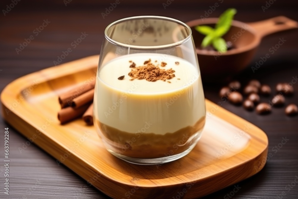 pudding in a glass dish on a wooden board pudding in a glass dish on a wooden board