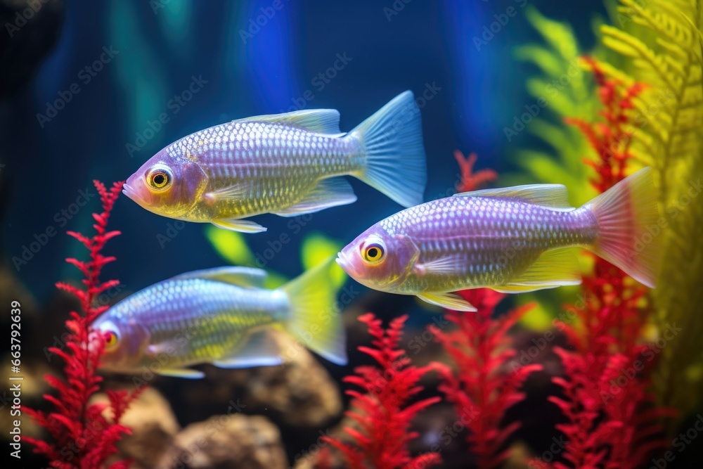 Fototapeta premium two rainbowfish swimming together amongst vibrant coral