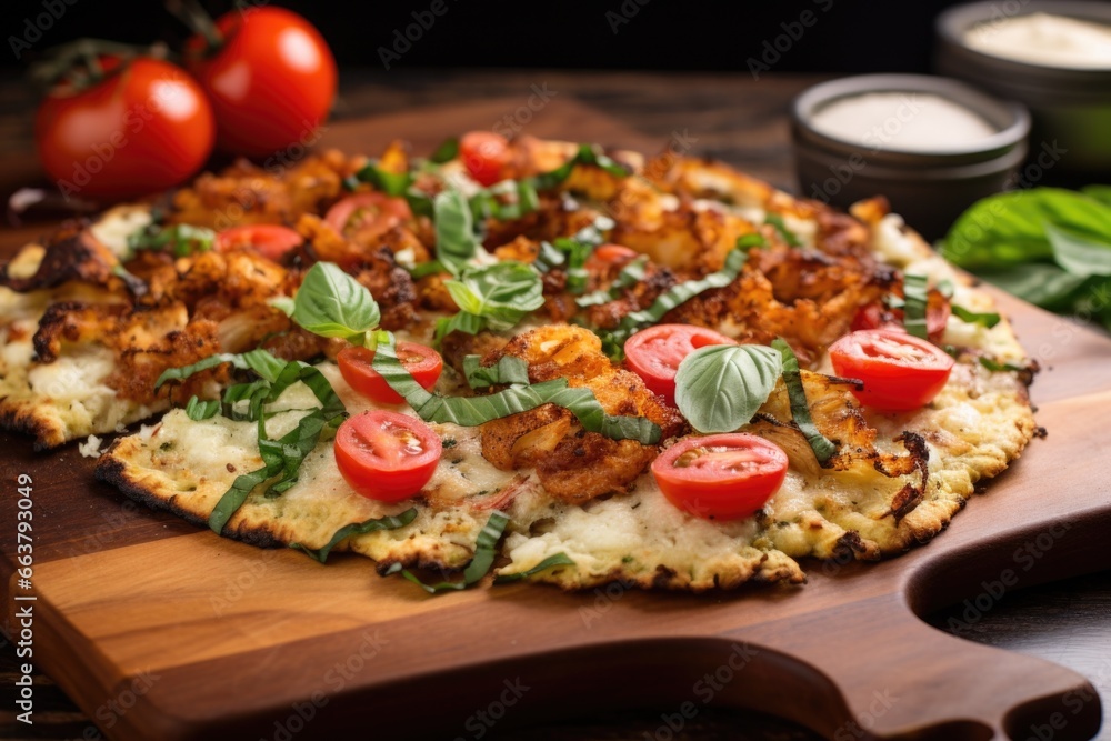 roasted cauliflower pizza on a wooden board