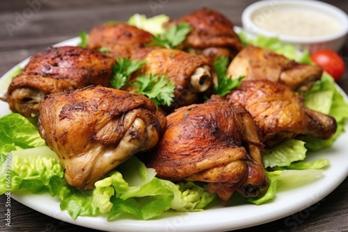 close-up of a plate with chicken thighs and lettuce