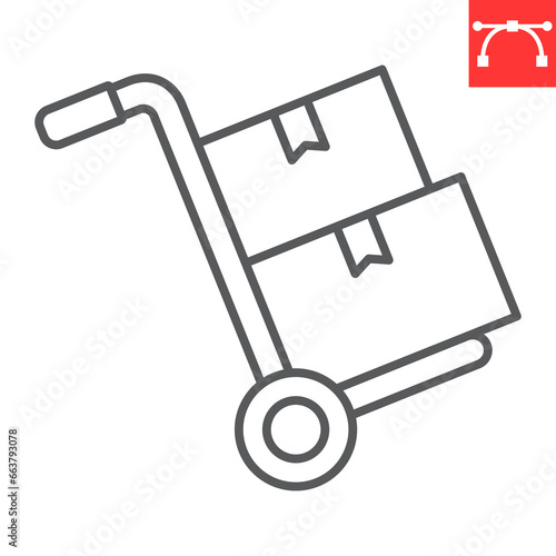 Hand truck line icon, logistic and trolley, hand truck with cardboard boxes vector icon, vector graphics, editable stroke outline sign, eps 10.