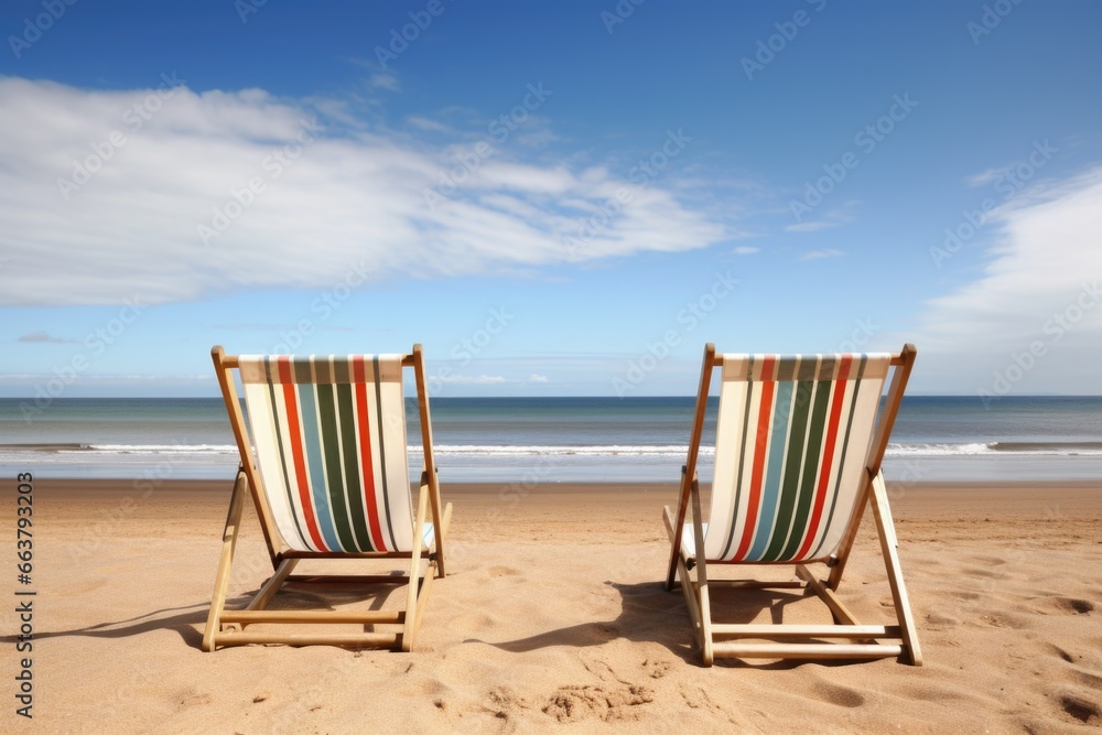 two empty deckchairs facing the ocean on a sandy beach two empty deckchairs facing the ocean on a sandy beach